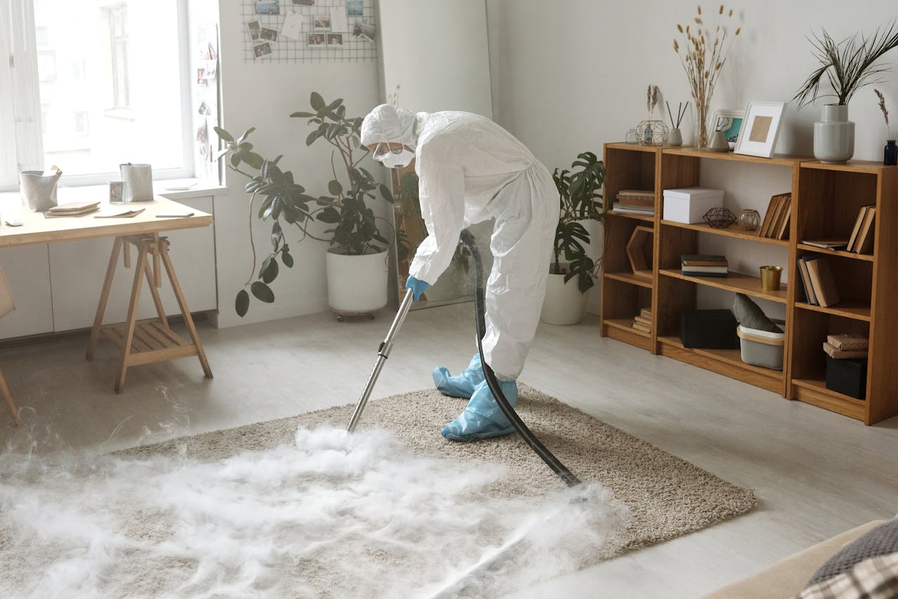 services-01 A woman in protective gear disinfects a carpet indoors to ensure safety during the COVID-19 pandemic.